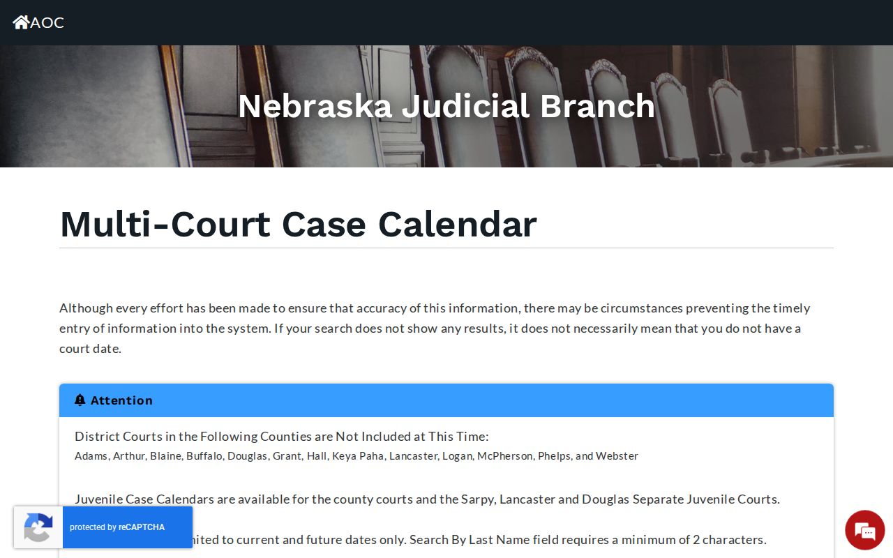 Hitchcock County court docket calendar search interface